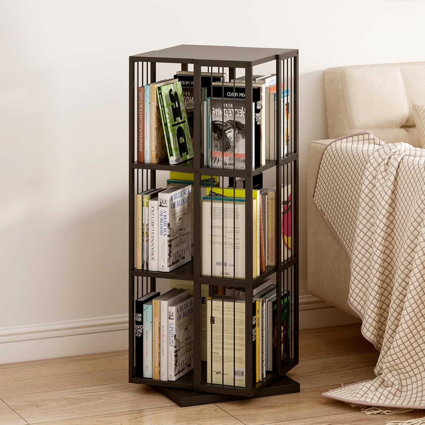 Square Rotating Bookshelf Tower - 360 Spinning Display Corner Bookcase for Narrow Space, Modern 3-Tier Revolving Storage Shelf, Black