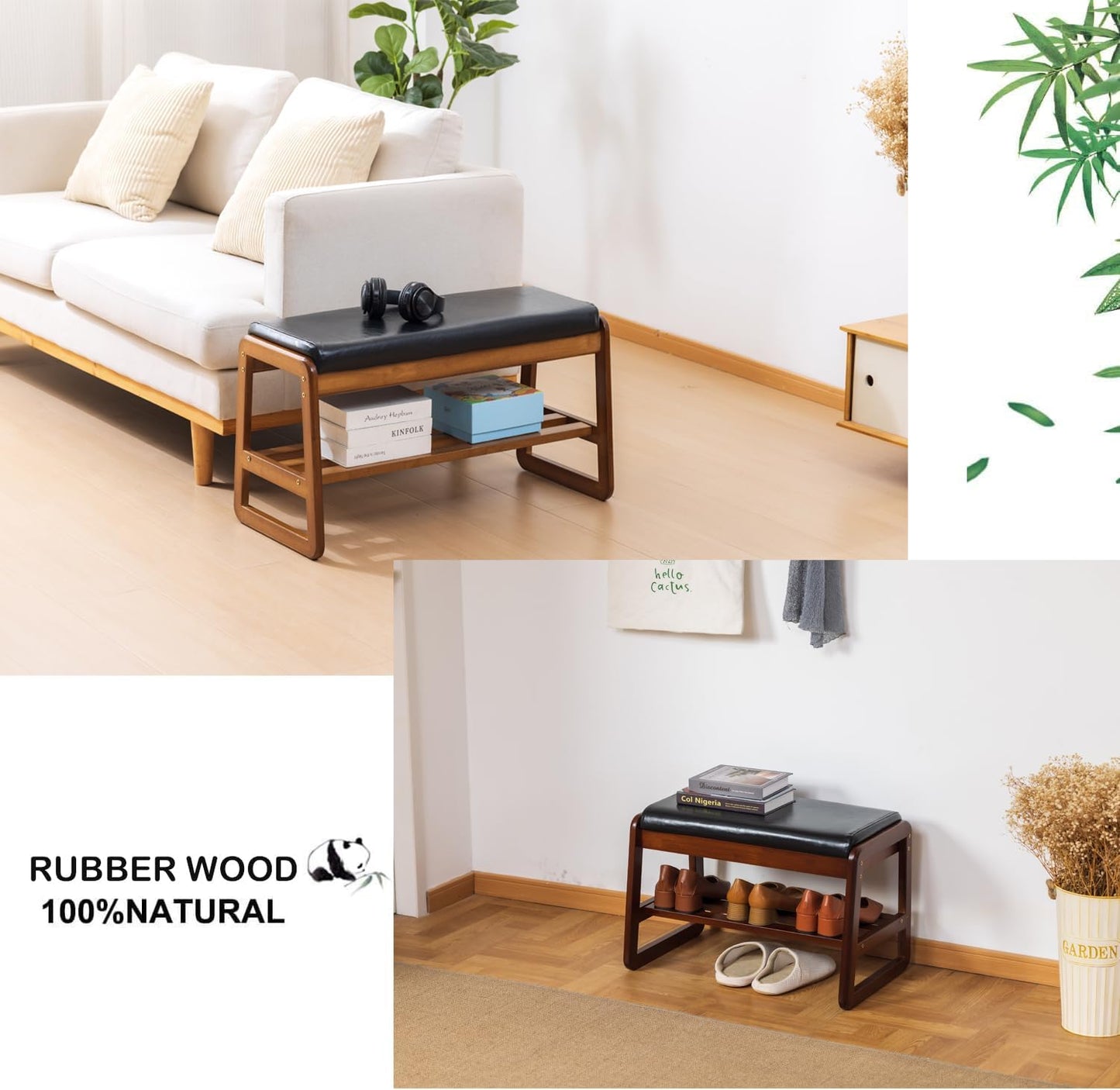 latifolia Solid Wood Bench, Entryway Shoe Bench with Cushion, Flip-Open Storage Compartment, 2-Tier Shoe Organizer(Black,21.65''L)