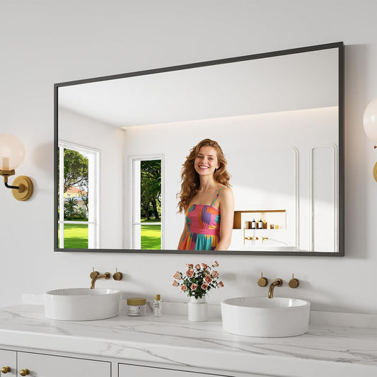 Koonmi Bathroom Mirror 30x50 Black Bathroom Wall-Mounted Mirrors, Modern Vanity Mirror for Bedroom, Living Room, Aluminum Alloy Frame Allow to Hang Horizontally or Vertically