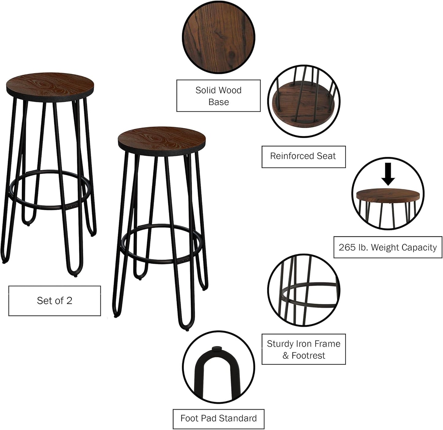 Set of 2 Bar Stools - 24-Inch-Tall Backless Barstools with Hairpin Legs and Wood Seat for Kitchen, Dining Room, or Bar by Lavish Home