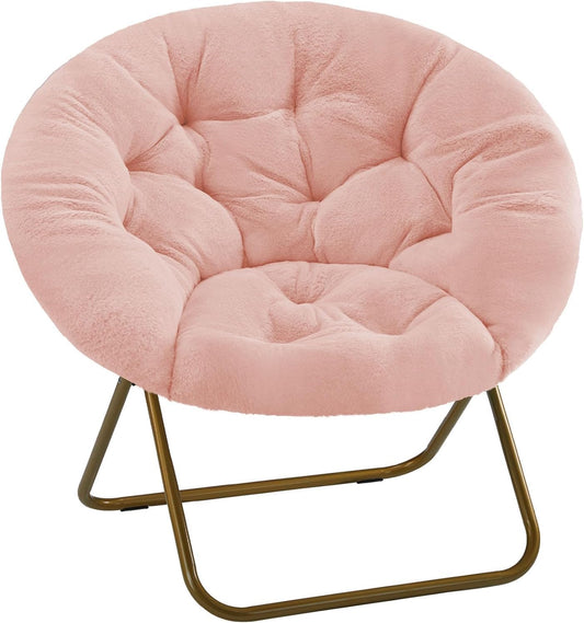 Saucer Chair Faux Fur with Soft and Thick Padded Seat Metal Frame, Modern Style Folding Cozy Chair for Living Room, Bedroom, XL, Pink