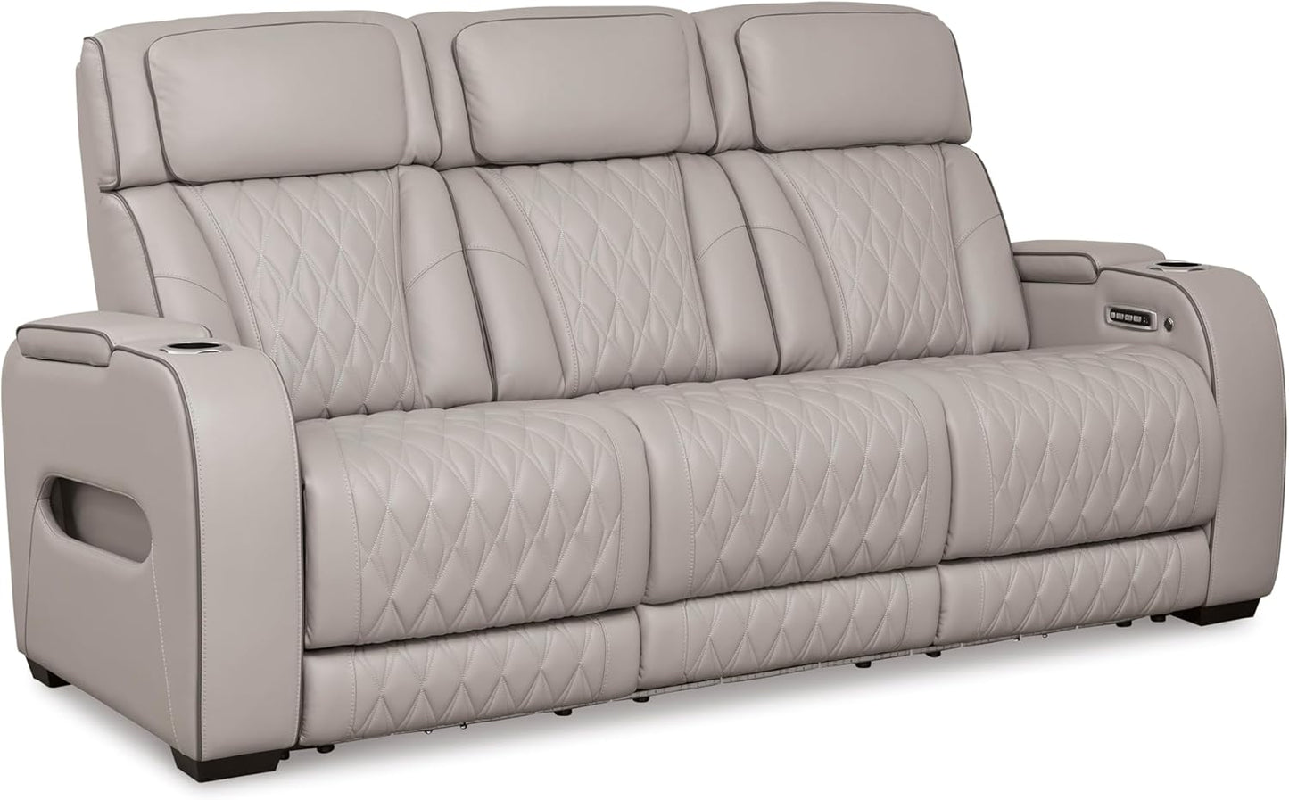 Signature Design by Ashley Boyington Contemporary Leather Match Power Reclining Sofa with USB Charging Ports, LED Lights and Adjustable Headrest, Light Gray