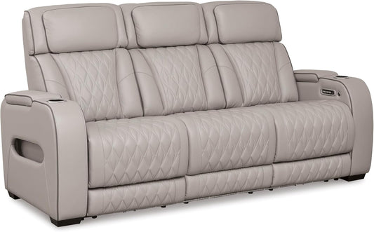 Signature Design by Ashley Boyington Contemporary Leather Match Power Reclining Sofa with USB Charging Ports, LED Lights and Adjustable Headrest, Light Gray