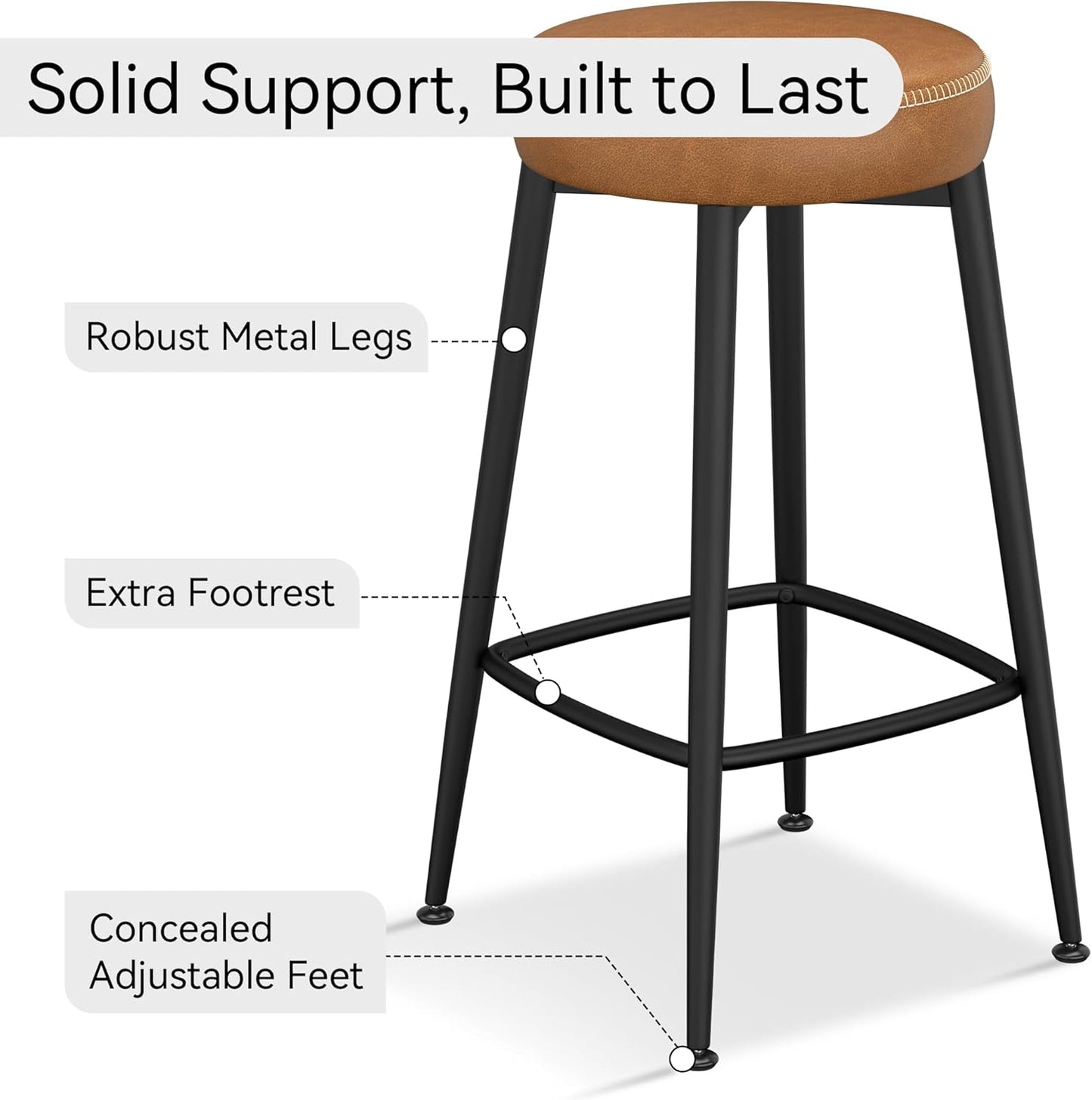 Counter Height Bar Stools, 26" H Backless Bar Stools Set of 6, Upholstered Faux Leather Kitchen Counter Stools, Mid Century Modern, Kitchen Island Home Bar, Pub, Caramel Brown