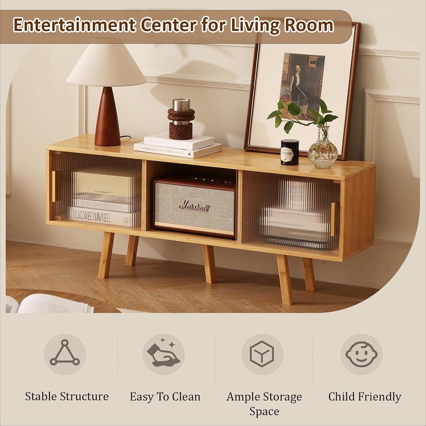 Bamboo TV Stand Entertainment Center- Mid-Century Modern Television Stand for 50 inch TVs, Bamboo Media Console Table, Open Storage Shelves for Living Room, Bedroom and Home Decor