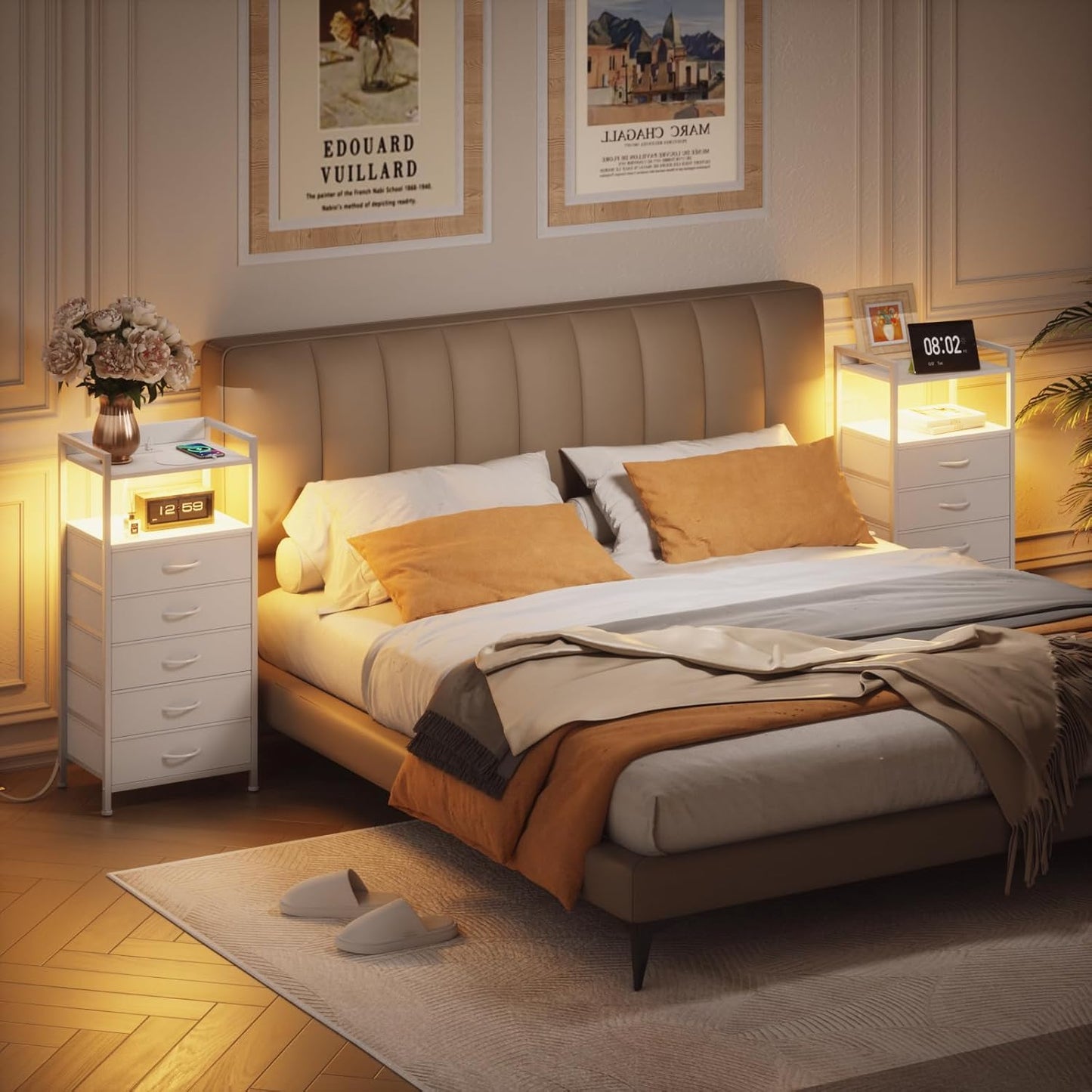 Furnulem White Nightstand with 5 Storage Drawer, Tall Dresser for Bedroom with Led Light and Charging Station, Side Table Nightstand for Closet, Fabric Bins, Metal Frame, Wood Shelf(White)