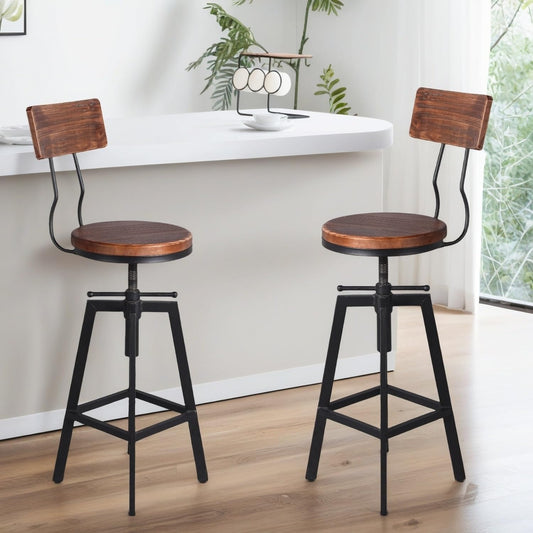 Industrial Bar Stools with Wood Backrest 25-32inch Height Adjustable Kitchen Island Dining Chair Extra Guest Stool Swivel Wooden Seat(Set of 2)