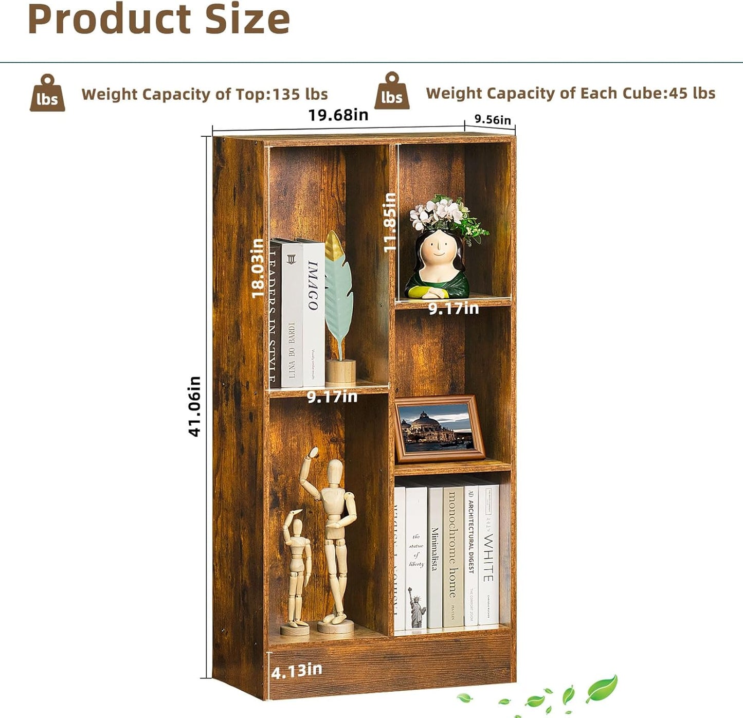 LEYAOYAO 5 Cube Mid-Century Modern Brown Wood Bookcase, 3 Tier Storage Organizer Shelf, Rustic Display Cabinet for Bedroom, Living Room, Office