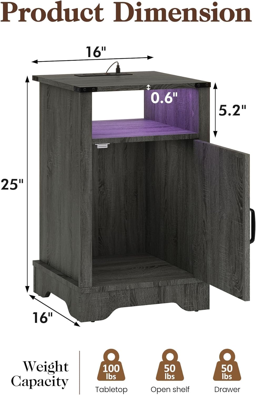RoyalCraft Farmhouse Nightstand, Grey Night Stand with LED Lights and Charging Station, Bedside Table Set of 1 with Storage and Door, Wood End Table for Bedroom, Home Office, Dark Grey
