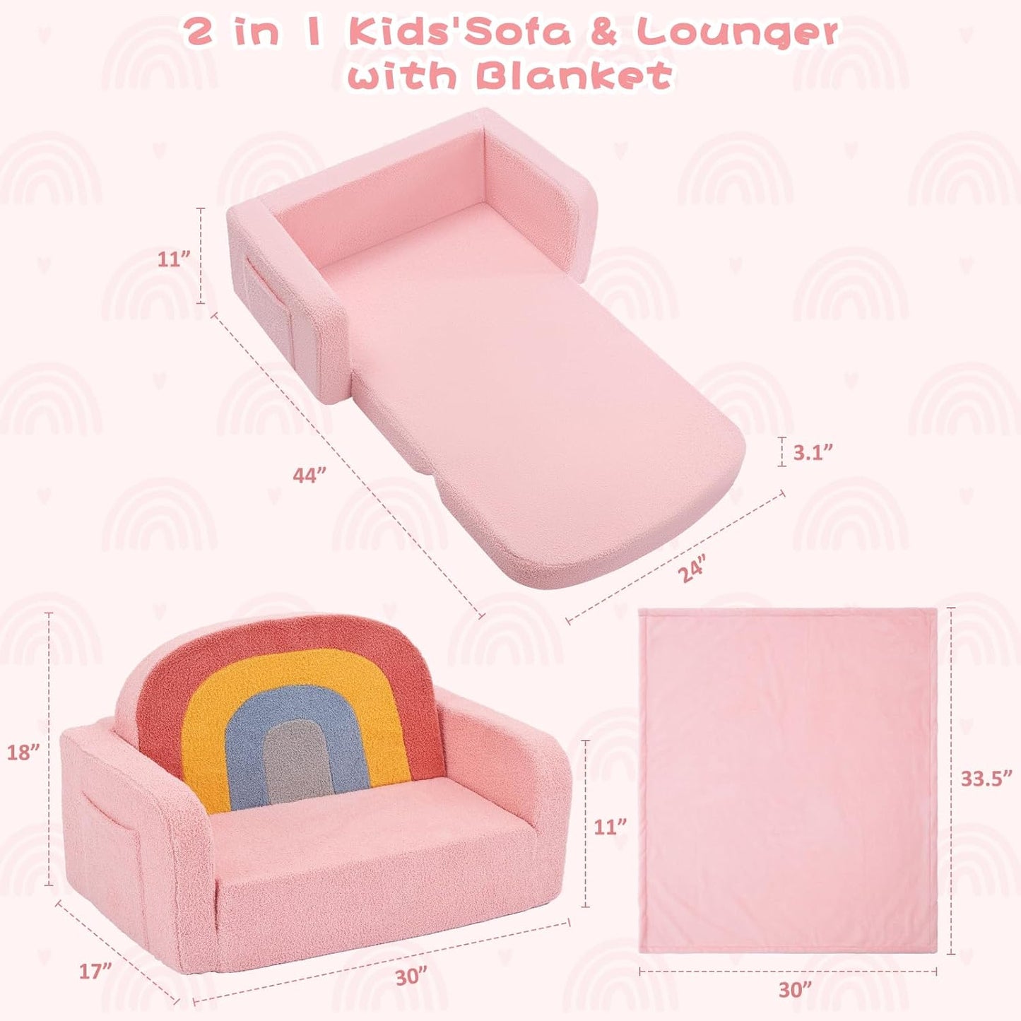 Extra Wide Kids Couch, 2-in-1 Soft Toddler Couch with Blanket, Comfy Toddler Chair, Convertible Sofa to Lounger with Cute Colorful Rainbow Design, Pink