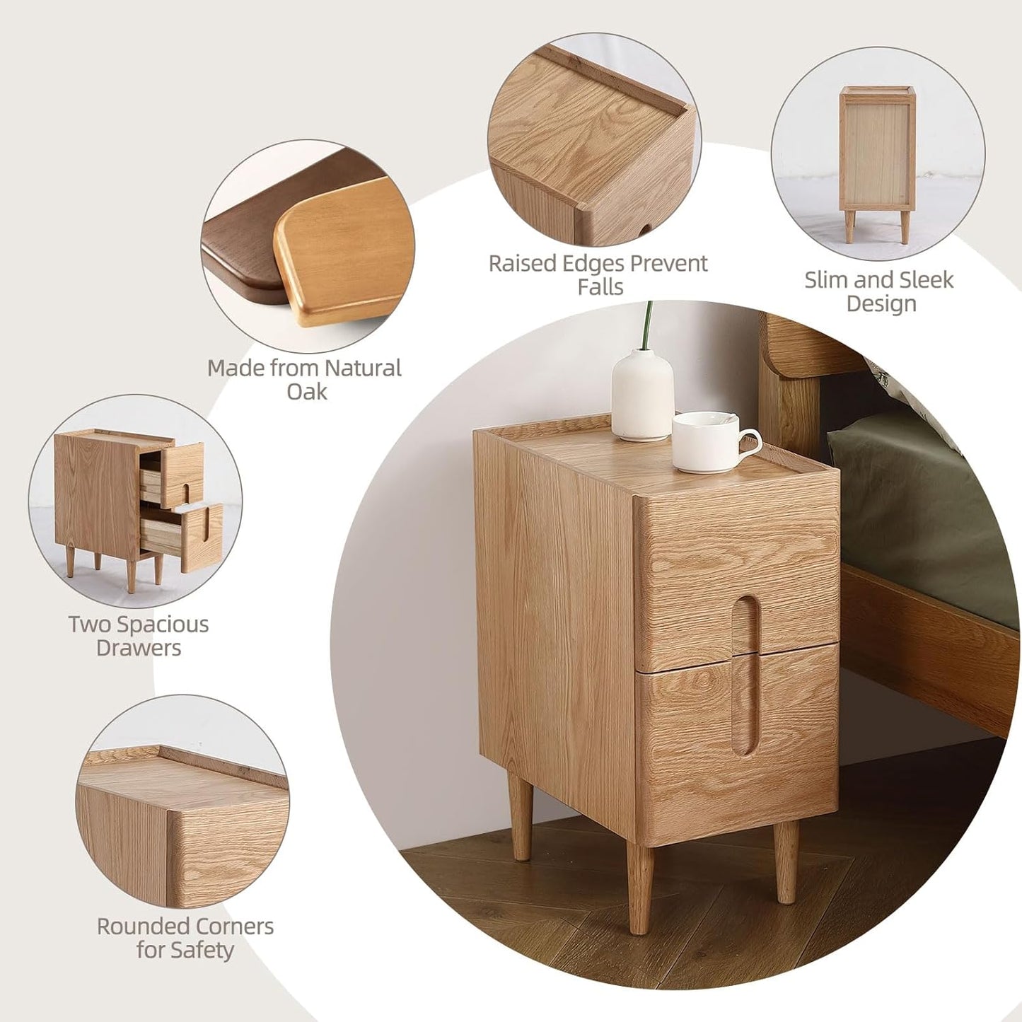 Solid Wood Bedside Table Nightstands, Slim Narrow Oak Real Wooden Mid-Century Modern End Table with Drawers Luxury Side Table Durable Cabinet Organizer Furniture, Natural Color 9.84in Wide