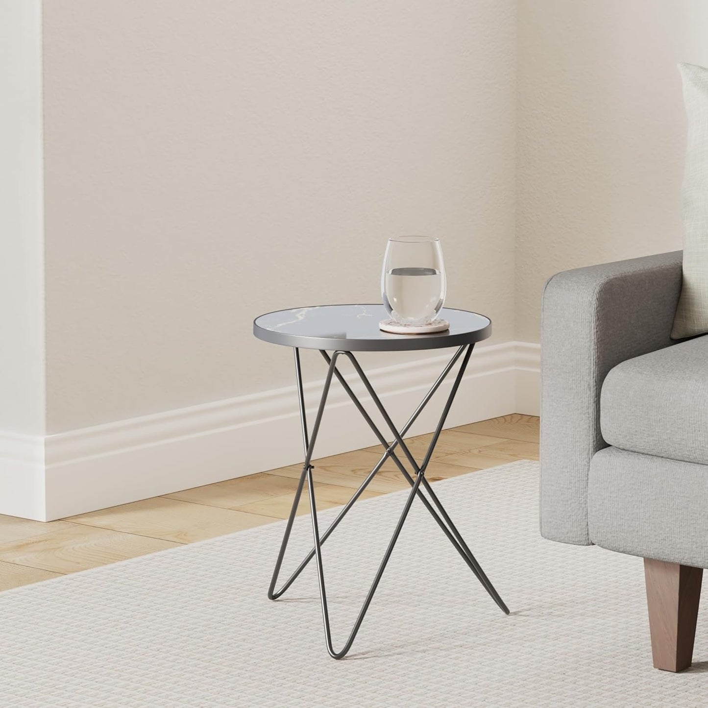 HLR Modern Round Side Table Set of 2, End Table with Marble Effect Top and Gold Metal Frame, Small Side Table for Living Room, Bedroom, Sofa and Couch, Black Legs, Black Marble top