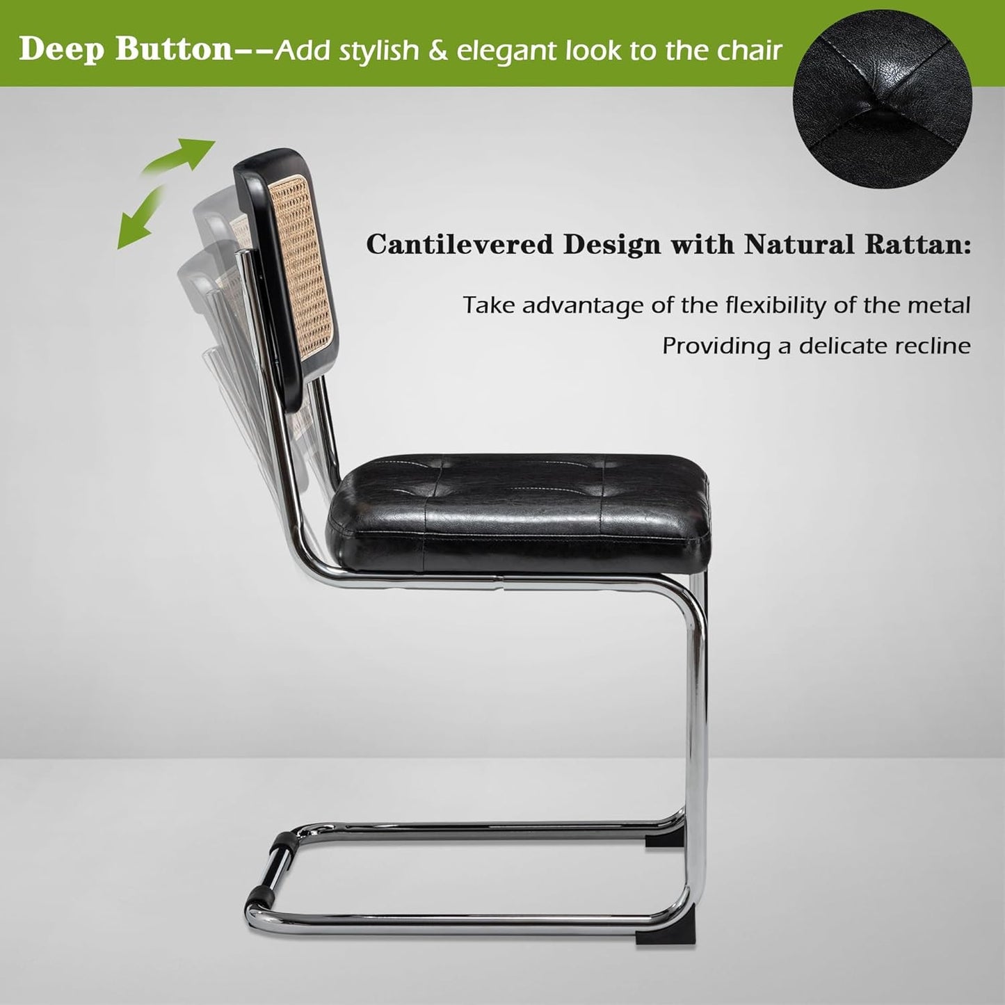 Rattan Dining Chairs Set of 2 Mid Century Modern Kitchen Chairs with Natural Rattan Backrest Oak Frame and Upholstered Pu Seat Chairs with Metal Legs, Black