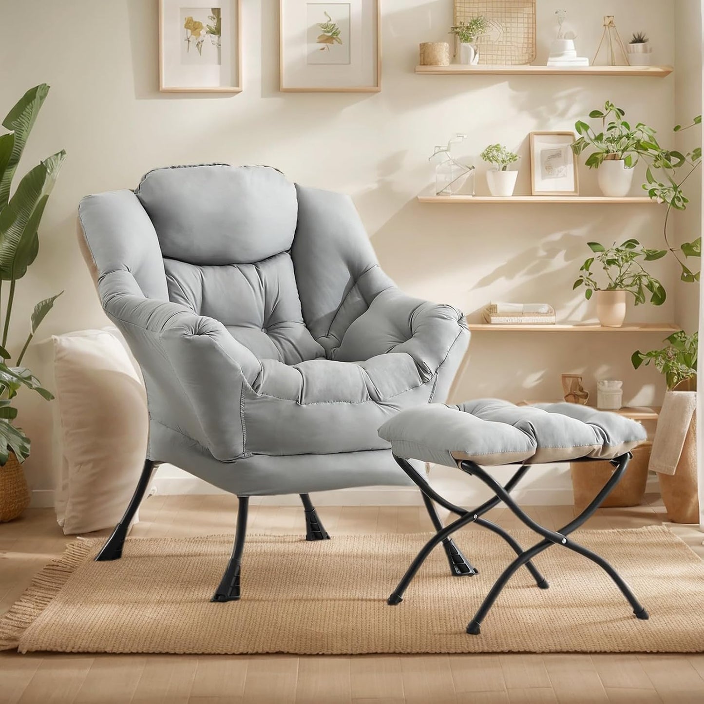 Lazy Chair with Ottoman, Large Modern Lounge Accent Chair with Armrests and Footrest, Reading Armchair with Ottoman, Leisure Sofa Chair for Living Room, Bedroom, Dorm Room (Light Grey)