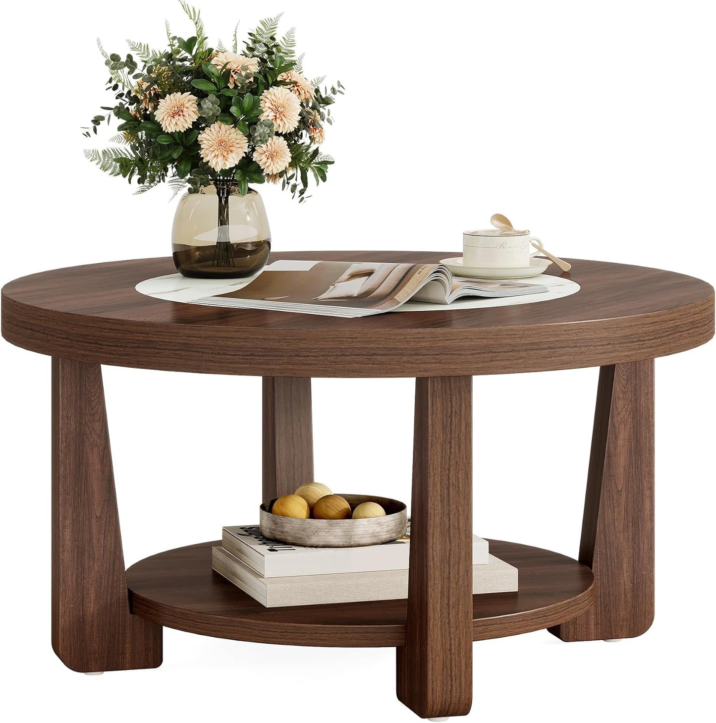 LITTLE TREE Modern Round Coffee Table, 2-Tier Wood Coffee Table with Storage, Marble-Like Tabletop for Living Room, Simple & Modern Center Table for Small Space, Brown
