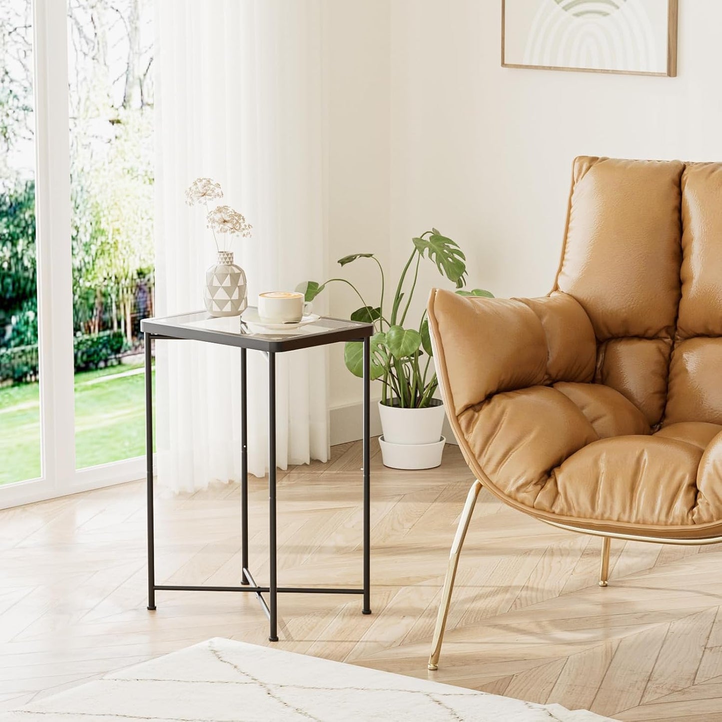 Garden 4 you Small Side Table, Glass End Table, Outdoor Side Table with Metal Frame, Mini Bedside Table for Living Room, Bedroom, Patio, Small Space, Black