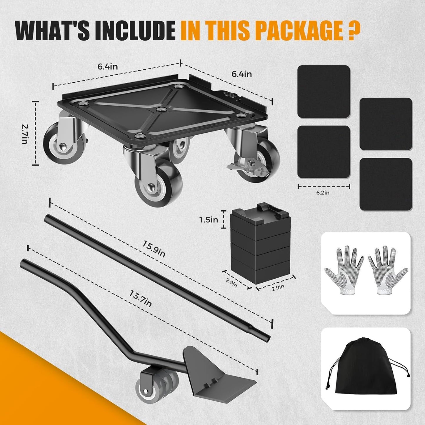 2000LBS Heavy Duty Furniture Dolly & Mover - 6.4" Carbon Steel Panel with 5X 360° Wheels, Non-Slip Sliders & Lifter for Sofa, Piano, Appliances (Black)