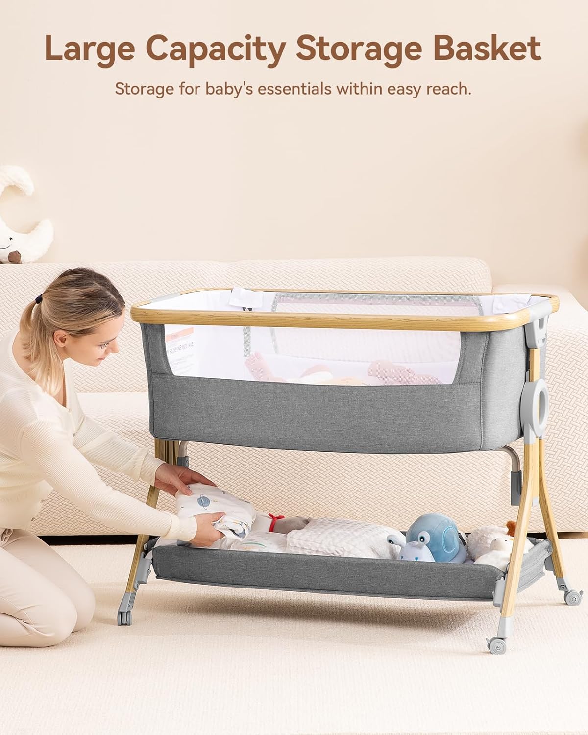 Larex Baby Bassinet Bedside Sleeper for Baby, Baby Crib Bed for Newborn Infant, Bedside Bassinet with Wheels, 5 Adjustable Height, Mosquito Net, Breathable Mattress and Mesh, Storage Basket and Bag