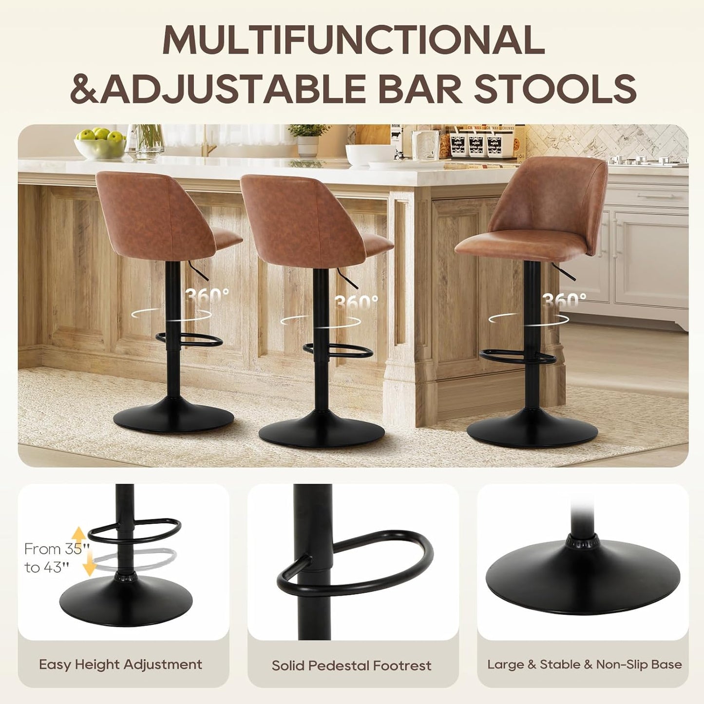 COLAMY Bar Stools Set of 2, Modern Swivel Bar Chairs, Adjustable PU Leather Upholstered Barstools Counter Height with Full Backrest for Bar, Dining Room, Kitchen Island, Brown