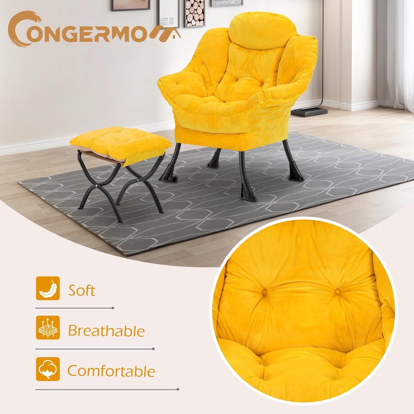 Lazy Chair with Folding Ottoman,Leisure Sofa Chair,Soft Fabric Armchair with Armrests and Side Pockets, Reading Chair with Footrest for Living Room, Bedroom, Office (Plush Yellow)