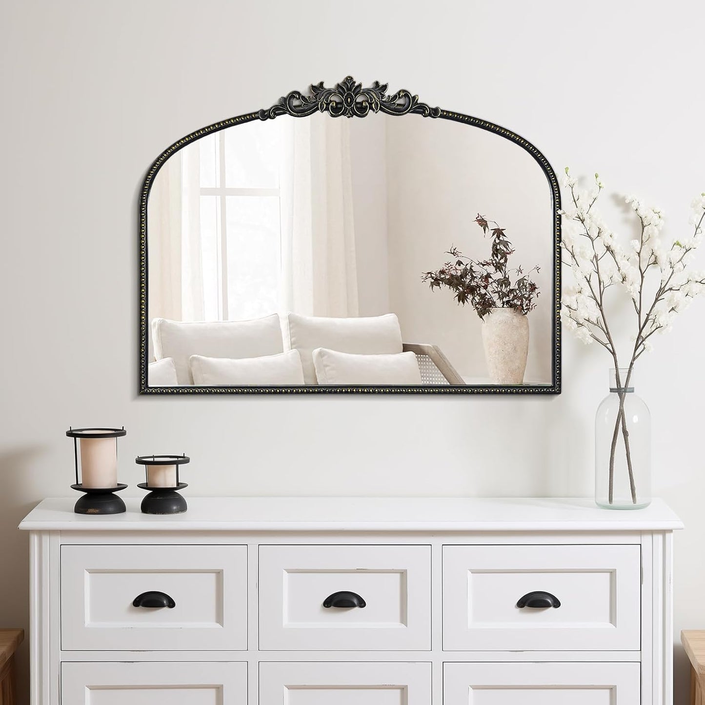 WallBeyond Black Antique Arched Vintage Wall Mirror, 24x32 Inch, Iron Frame, Bathroom, Living Room, Entryway