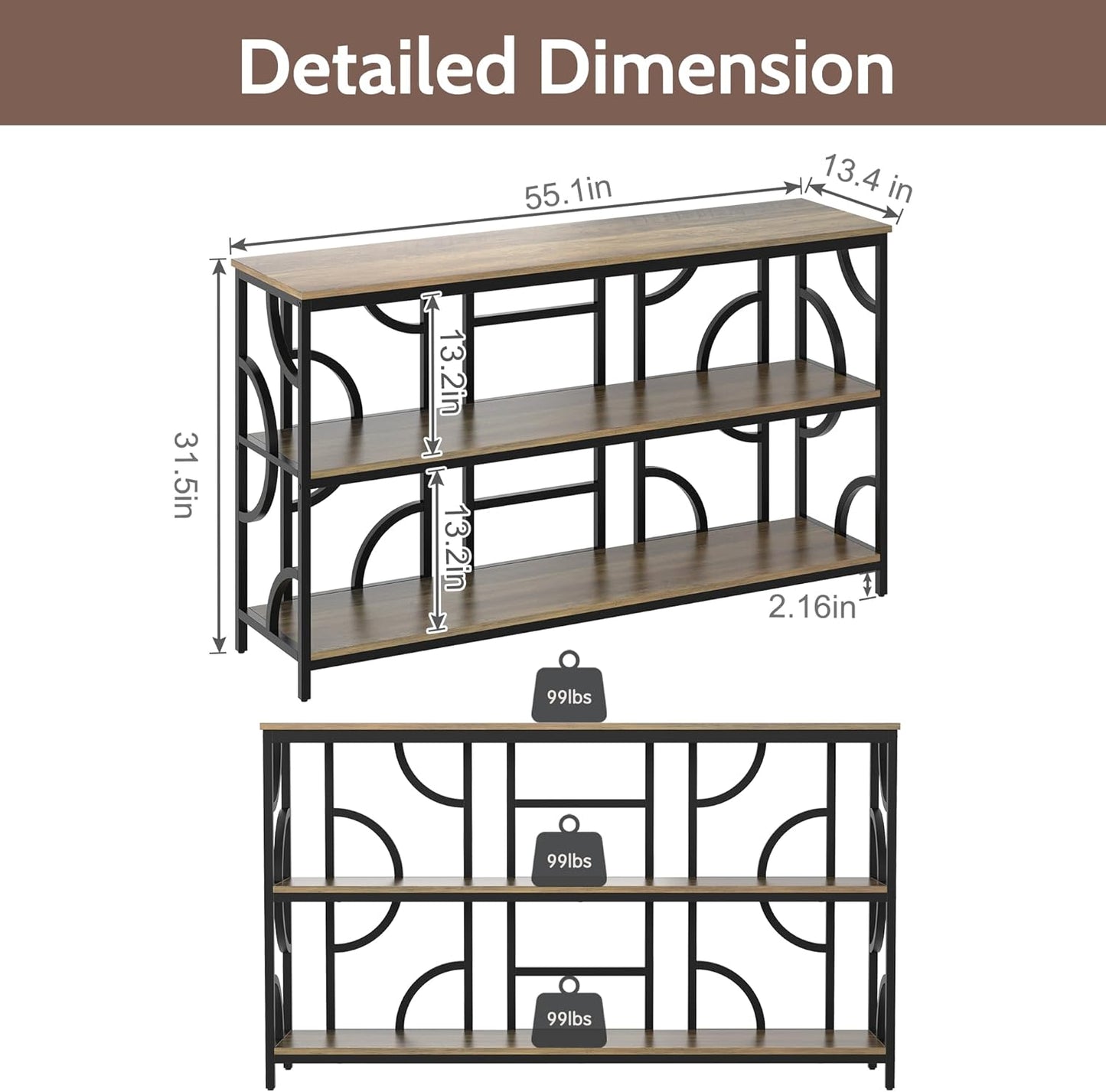 55'' Industrial Sofa Table, 3-Tier Storage Console Table with Unique Geometric Design, Behind Couch Accent Table for Entryway, Living Room, Foyer, Hallway, Office - Rustic Brown