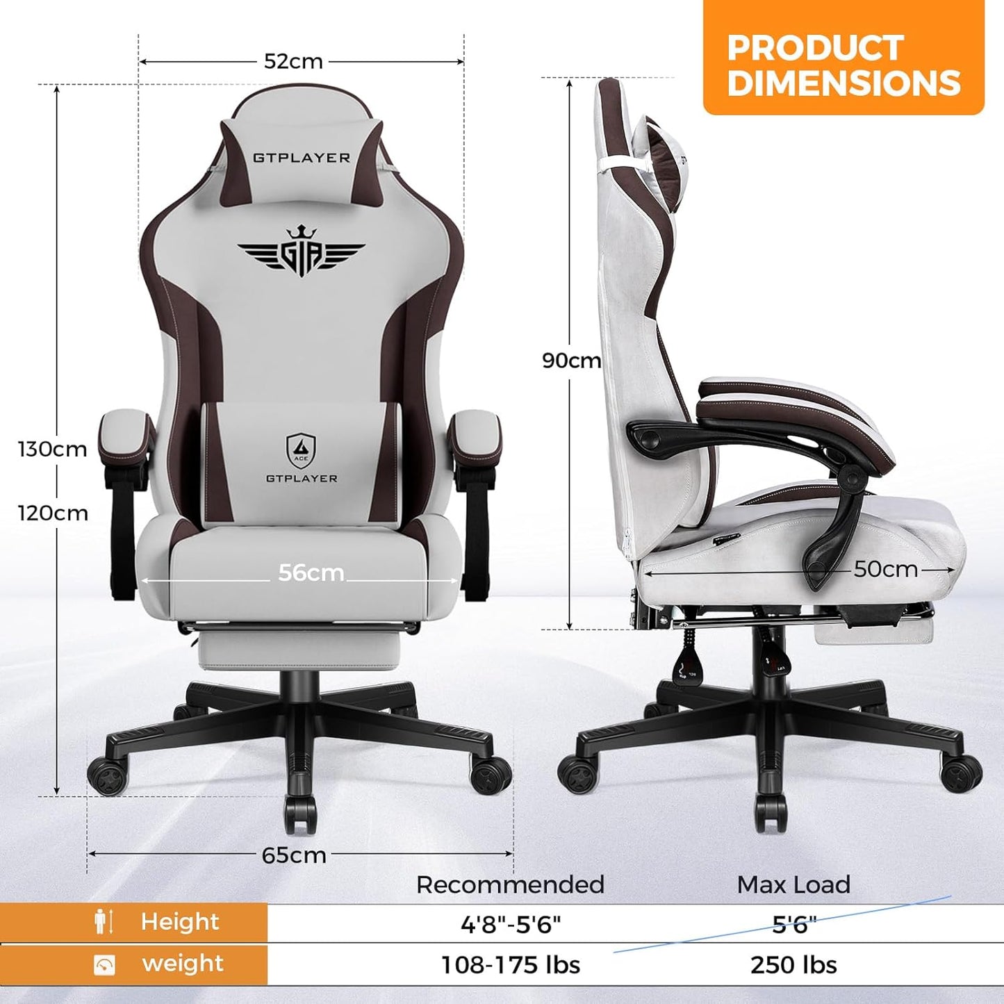 GTPLAYER Gaming Chair Fabric with Footrest, Big and Tall Game Chair High Back Computer Office Chair with Lumbar Support for Adults, Ergonomic Swivel Games Chair with Cushion Gaming Brown