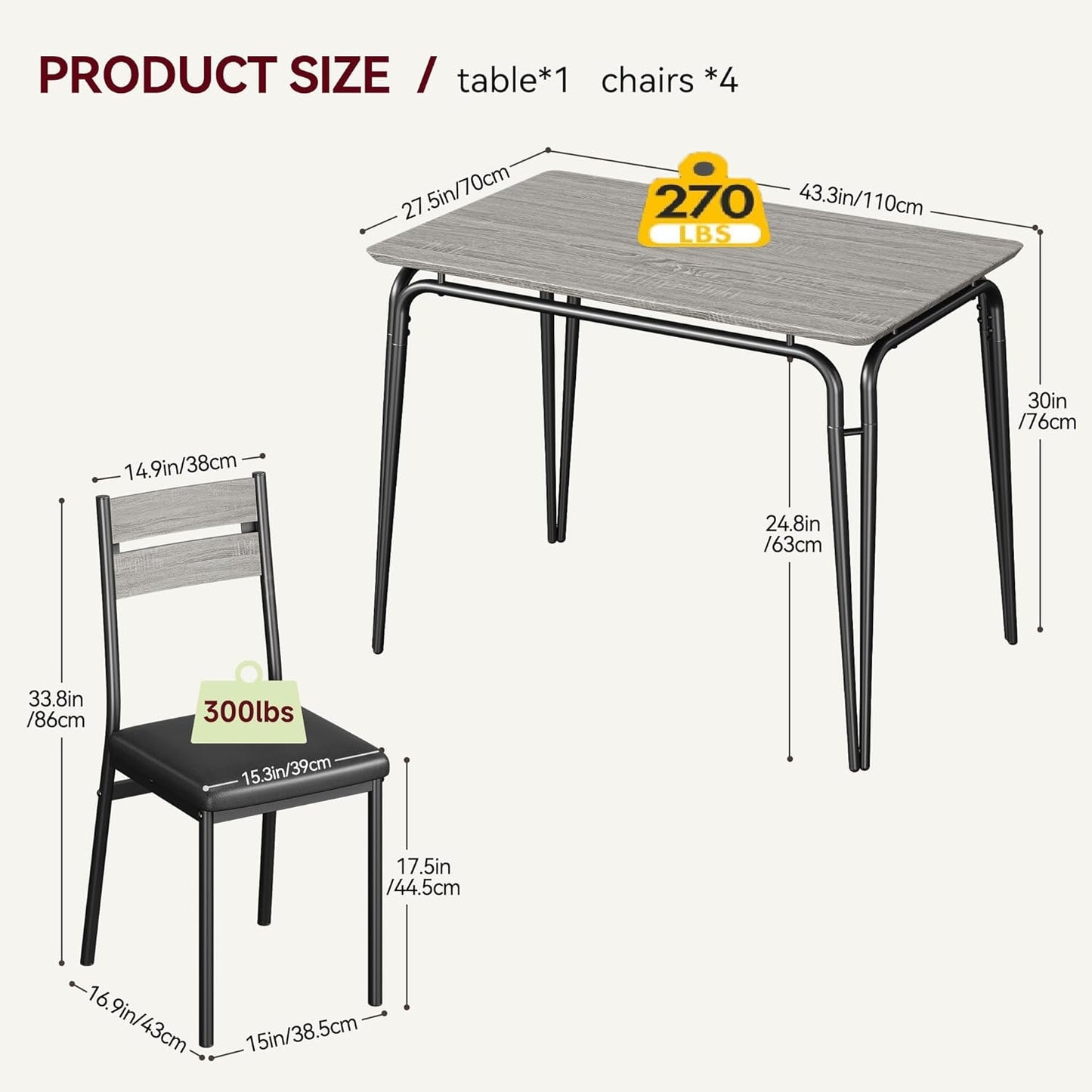 5 Piece Dining Table Set for 4, Compact Square Table Chairs, Sturdy MDF Top, Metal Frame, Space-Saving Breakfast Set for Kitchen, Apartment, Office, Easy Assembly Wipe-Clean