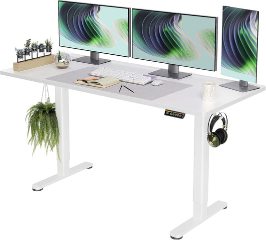 Claiks Electric Standing Desk, Adjustable Height Stand up Desk, 63x24 Inches Sit Stand Home Office Desk with Splice Board, White Frame/White Top