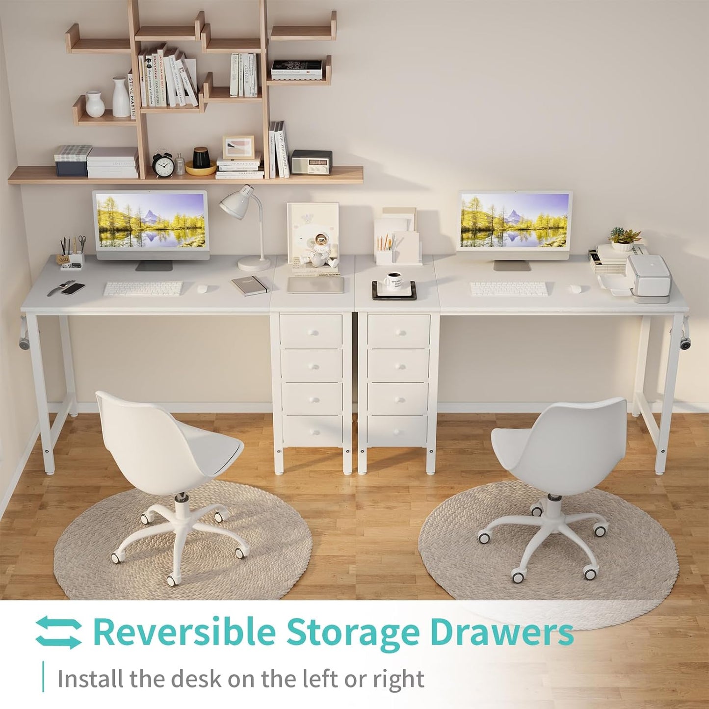 Lufeiya White Computer Desk with Fabric Drawers, 47 Inch Reversible Study Work Writing Desk for Home Office Bedroom, Simple Modern Cute PC Desks with Drawer, White