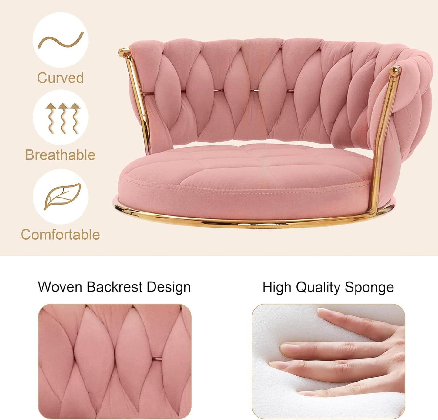 VECELO Bar Stools Set of 2, Adjustable Barstools Counter Height Stools with Back and Arm, Velvet Woven Kitchen Island Stools w/Gold Metal Leg & Base, 360° Swivel Bar Chair, Pink