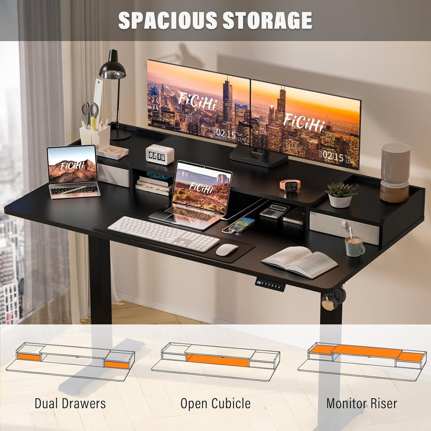 55x30 Inch Electric Standing Desk with Drawers & Widen Desktop, Thickened Desk Frame, Adjustable Height Sit Stand Up Table, Home Office Computer Desk with Cable Management, Classical Black