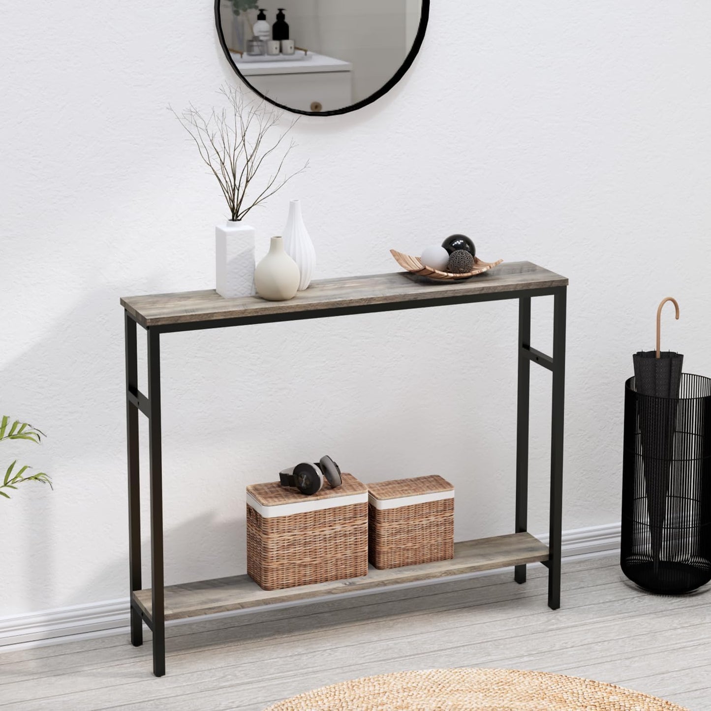 Narrow Console Table, 39.4” Sofa Table with Adjustable Shelf, 2-Tier Long Skinny Table for Hallway, Entryway, Living Room, Foyer, Grey