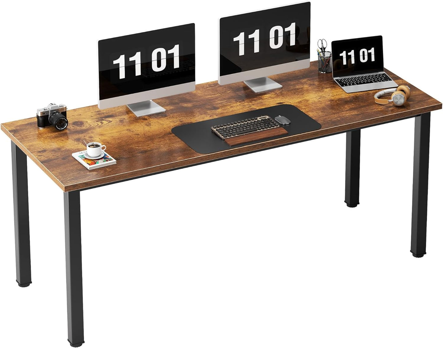 Need 63 Inch Large Computer Desk - Modern Simple Style Home Office Gaming Desk, Basic Writing Table for Study Student, Black Metal Frame, Rustic Brown