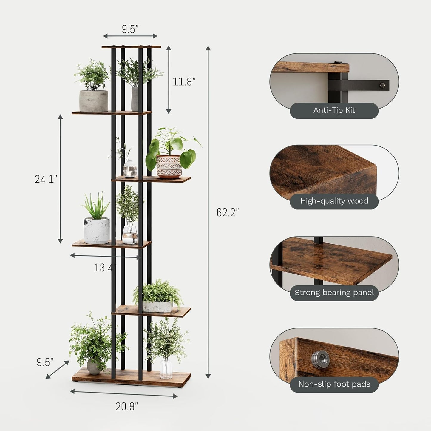 Bookshelf，Small Bookcase for Small Space，6-Tier Bookshelf for Living Room, Home Office, Study，9.45 x 20.8 x 62.2 Inches,Rustic Borwn