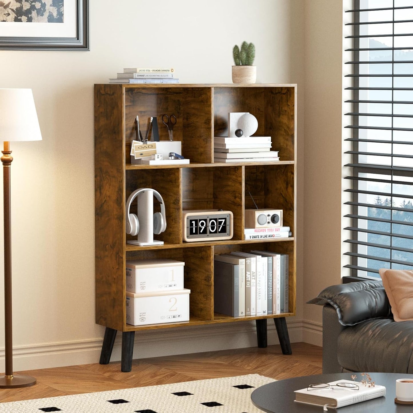 LEYAOYAO 7 Cube Bookshelf, 3 Tier Modern Bookcase with Legs, Mid-Century Modern Wood Book Shelves Storage, Rustic Brown Book Case, Freestanding Organizer Display Shelf for Bedroom,Living Room,Office