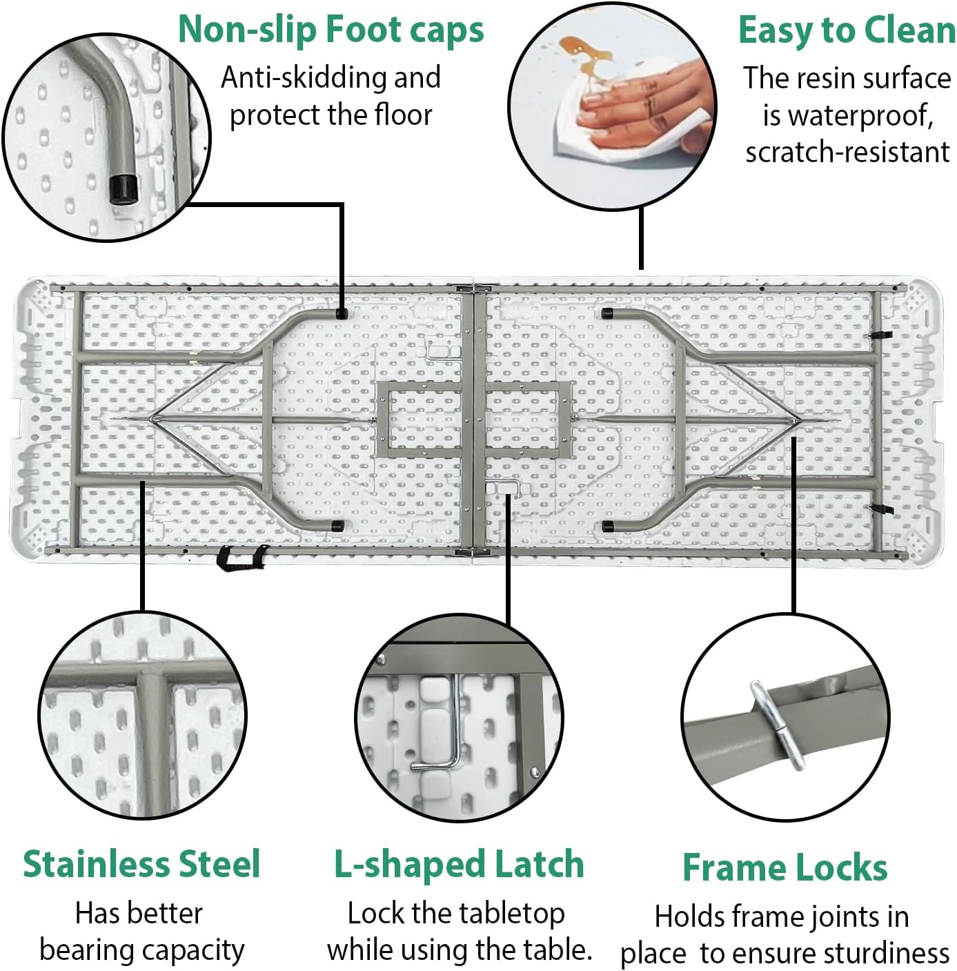 8 Foot Folding Table 96 inch Heavy Duty 8ft Plastic Portable Foldable Table with Handle Indoor Outdoor White 8' Dining Table for Picnic, Party and Camping