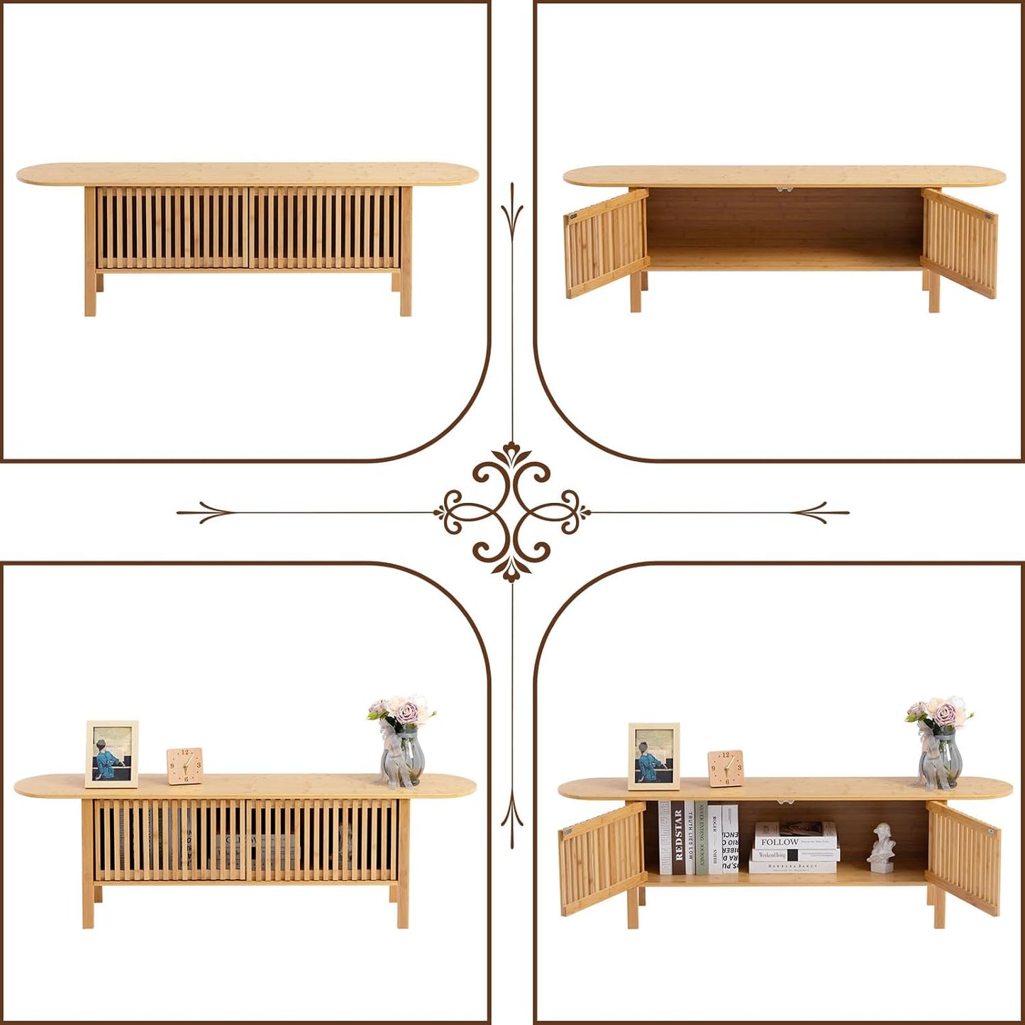HollyHOME Bamboo TV Stand with Storage for TVs up to 65", Modern Entertainment Center with Fence Door, Accent TV Table with 2 Shelf, Media Console TV Stand for Living Room, Bedroom, Burlywood