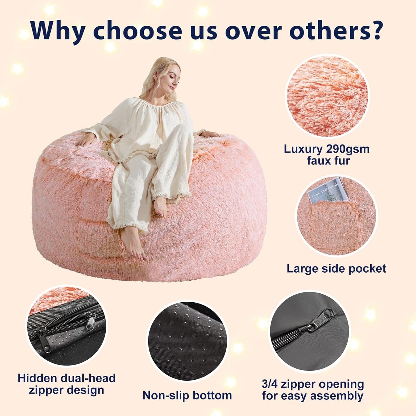 Bean Bag Cover(No Filler), Faux Fur Comfy Bean Bag Chairs for Adults, Washable Bean Bag Chair Cover, Fluffy Plush Giant Bean Bags Chairs for Teens Kids Girls, Anti-Slip, 5FT, Orange