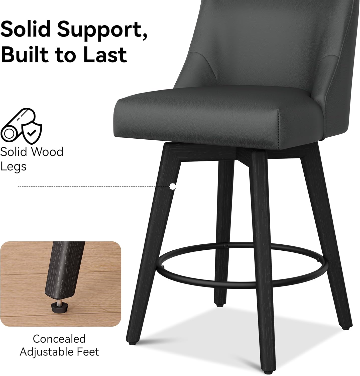 Counter Height Bar Stools Set of 8, Modern Swivel Barstools with Back and Wood Legs, Faux Leather Upholstered Bar Chairs, 26" H Kitchen Counter Stools, Kitchen Island Home Bar, Black Grey