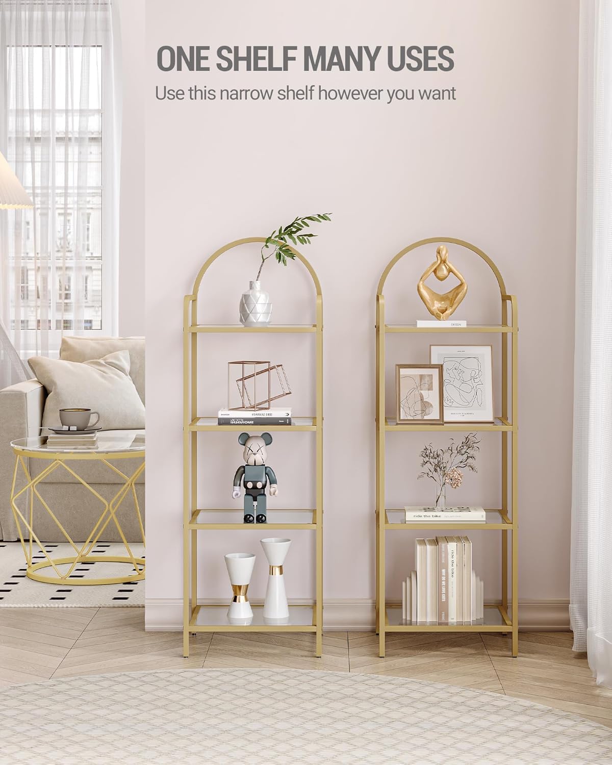 Bookcase Bookshelf, Tempered Glass Bookshelves, Slim Shelving Unit for Bedroom, Bathroom, Home Office, Steel Frame, 4 Tier Gold BC04001G