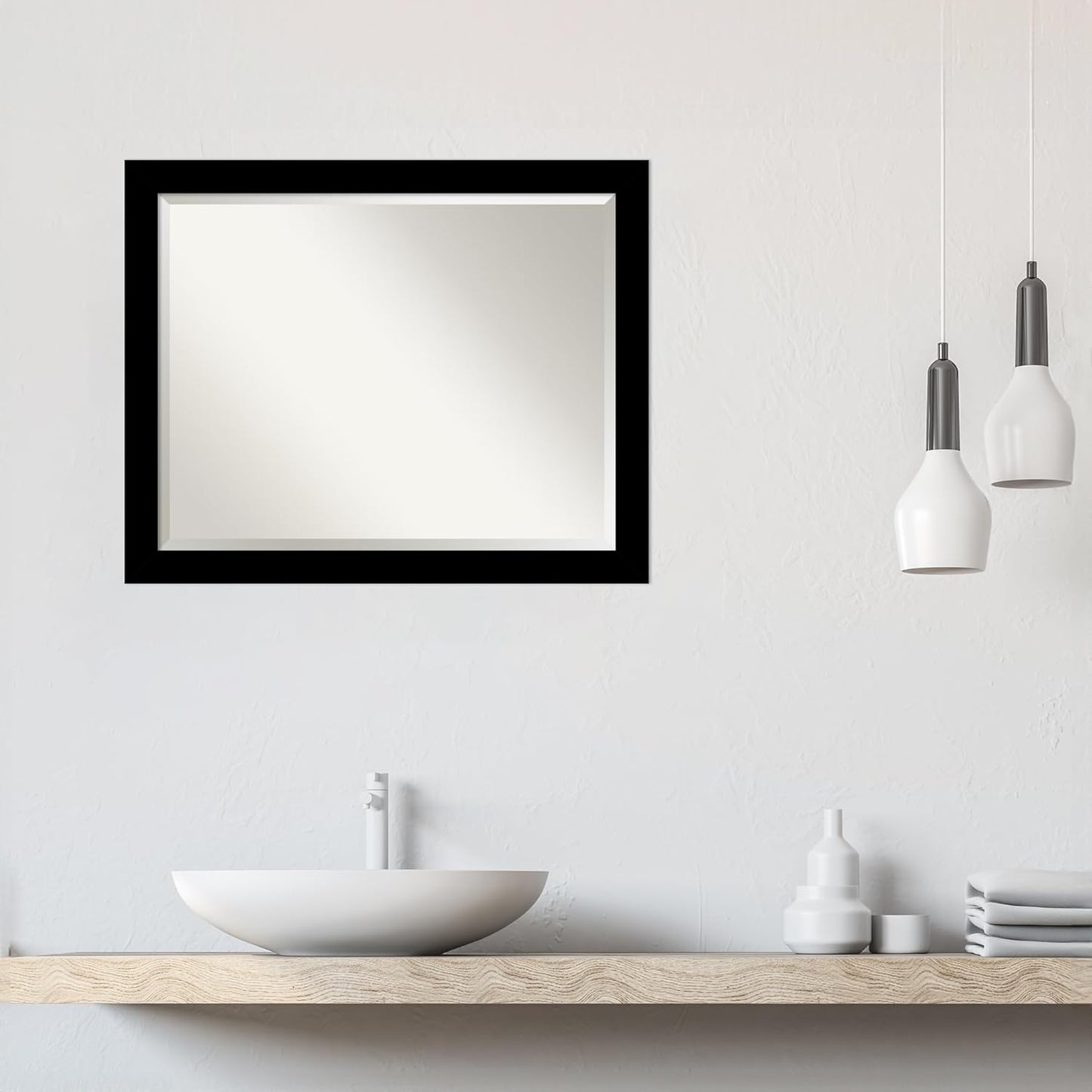 Amanti Art Black Bathroom Mirror for Over Sink, 26x32 Brushed Black Rectangle Vanity Mirror, Large Modern Contemporary Frame, Hangs Horizonally and Vertically, Bathroom Wall Decor, Beveled Edge