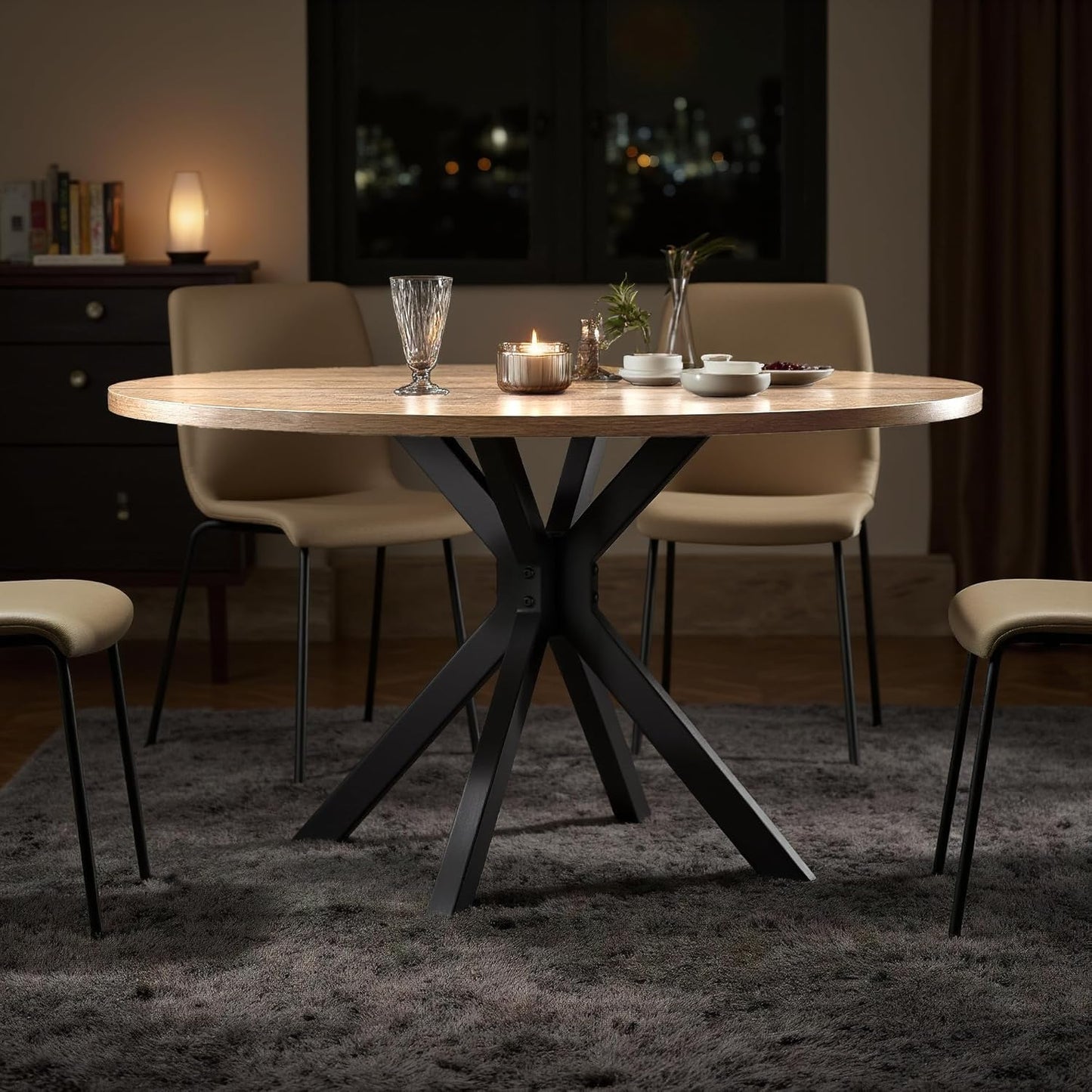 47 Inch Round Dining Table for 4, Modern Round Dinner Table Small Mid Century Dining Room Tables, Leisure Kitchen Tables for Small Space, Kitchen, Living Room, Steel Legs, Black & Natural