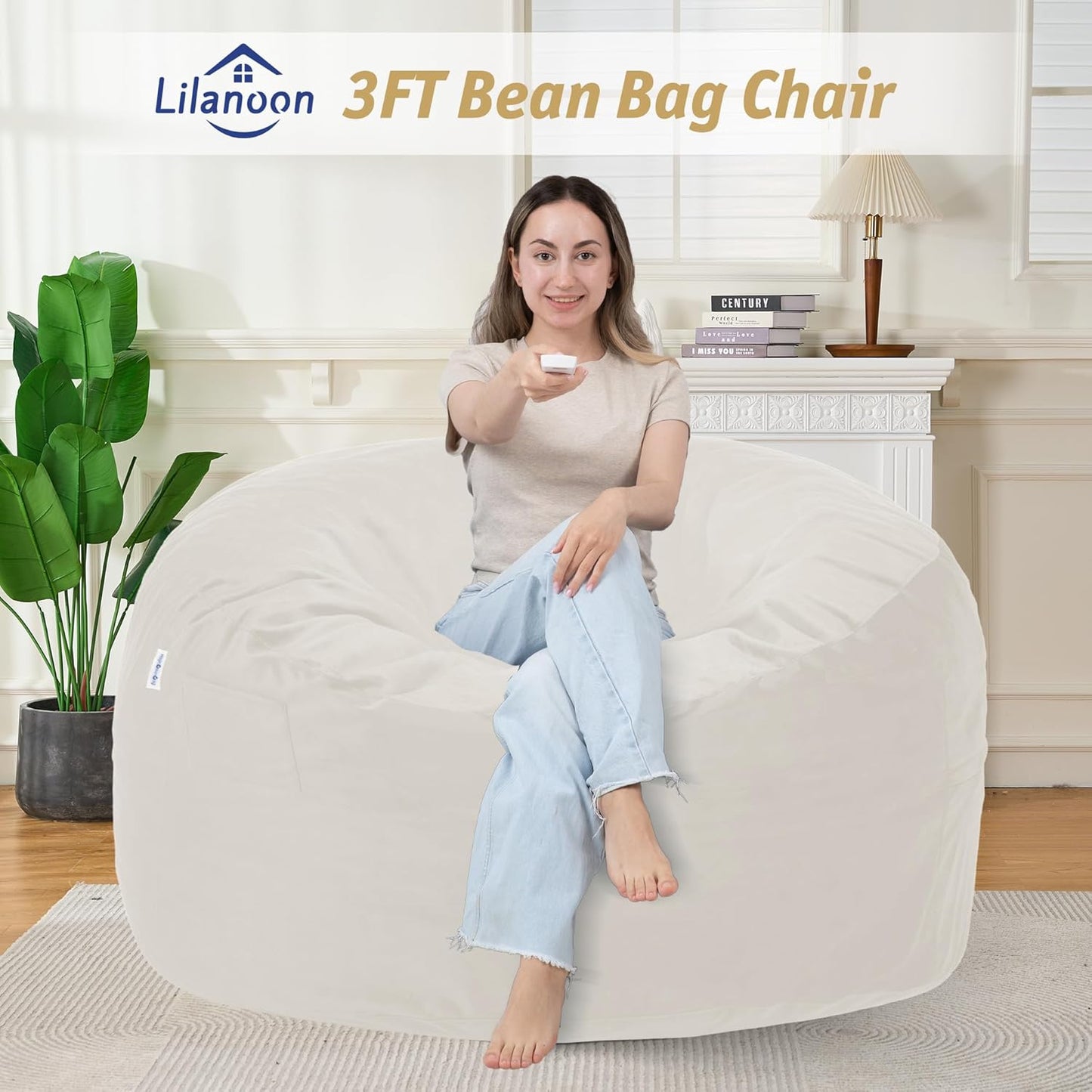 3FT Bean Bag Chair with Ultra Soft Velvet Cover Bean Bag Sofa with Memory Foam Bean Bag Chairs with Large Size Lazy Sofa for Dorm Office Living Room Bedroom Off White 3'