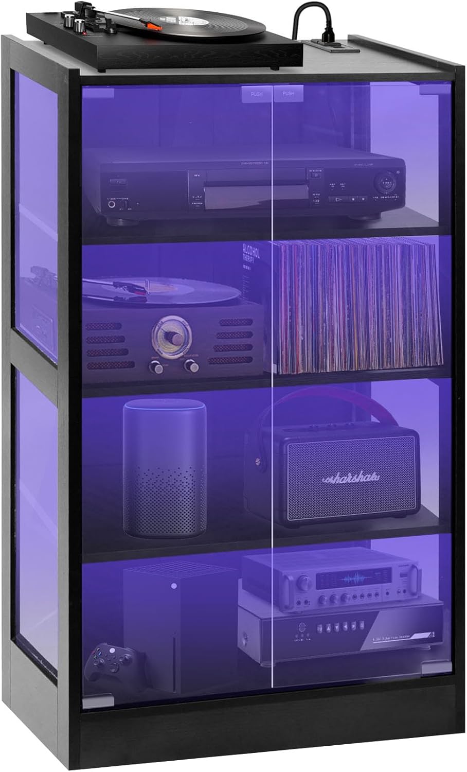 4-Tier Media Cabinet with LED Lighting, Audio/Video Stand Featuring Built-in USB Ports and Electrical Outlets, Designed for Living Rooms and Gaming Spaces, Glass Doors