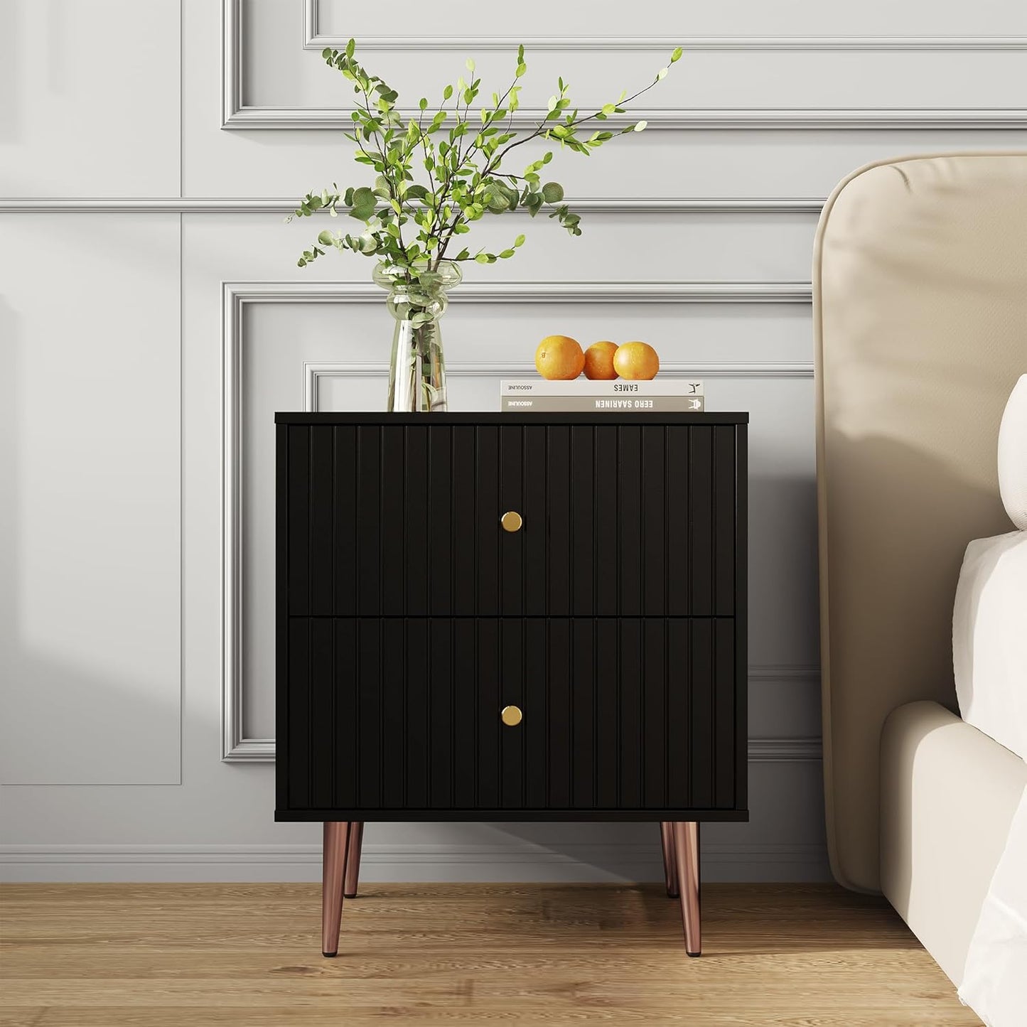 Black Night Stand Set 2,Fluted Nightstand with Door and Open Storage Space,Modern Bedside Table and Wood End Side Table with Golden Metal Legs and Handles for Bedroom,Black (Black, 2 Drawers)