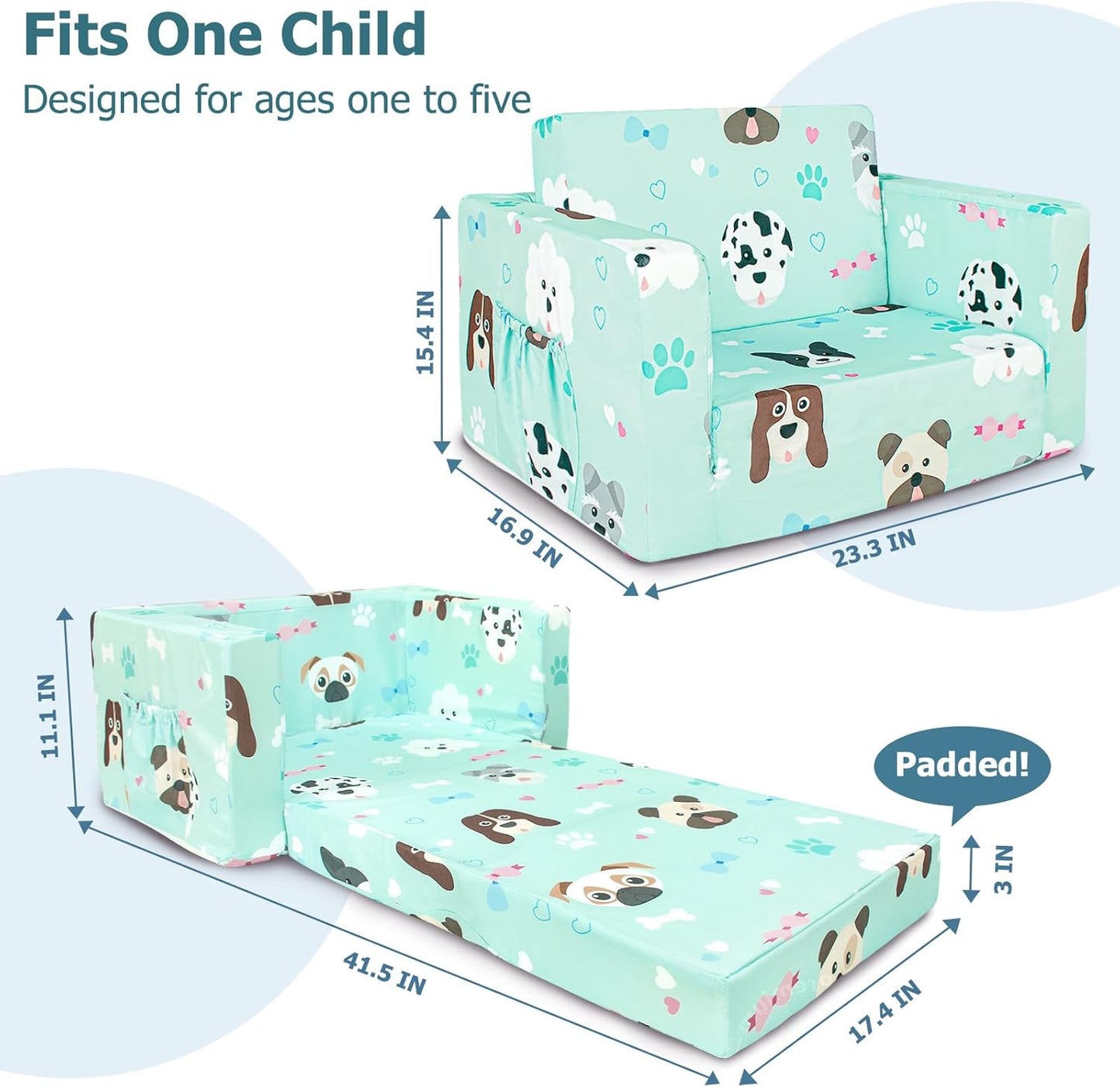 Kids Couch, 2-in-1 Kids Fold Out Sofa, Convertible Toddler Couch to Lounger for Girls and Boys, Soft Toddler Chairs Comfy 1-3 Years Old (Green Dog)