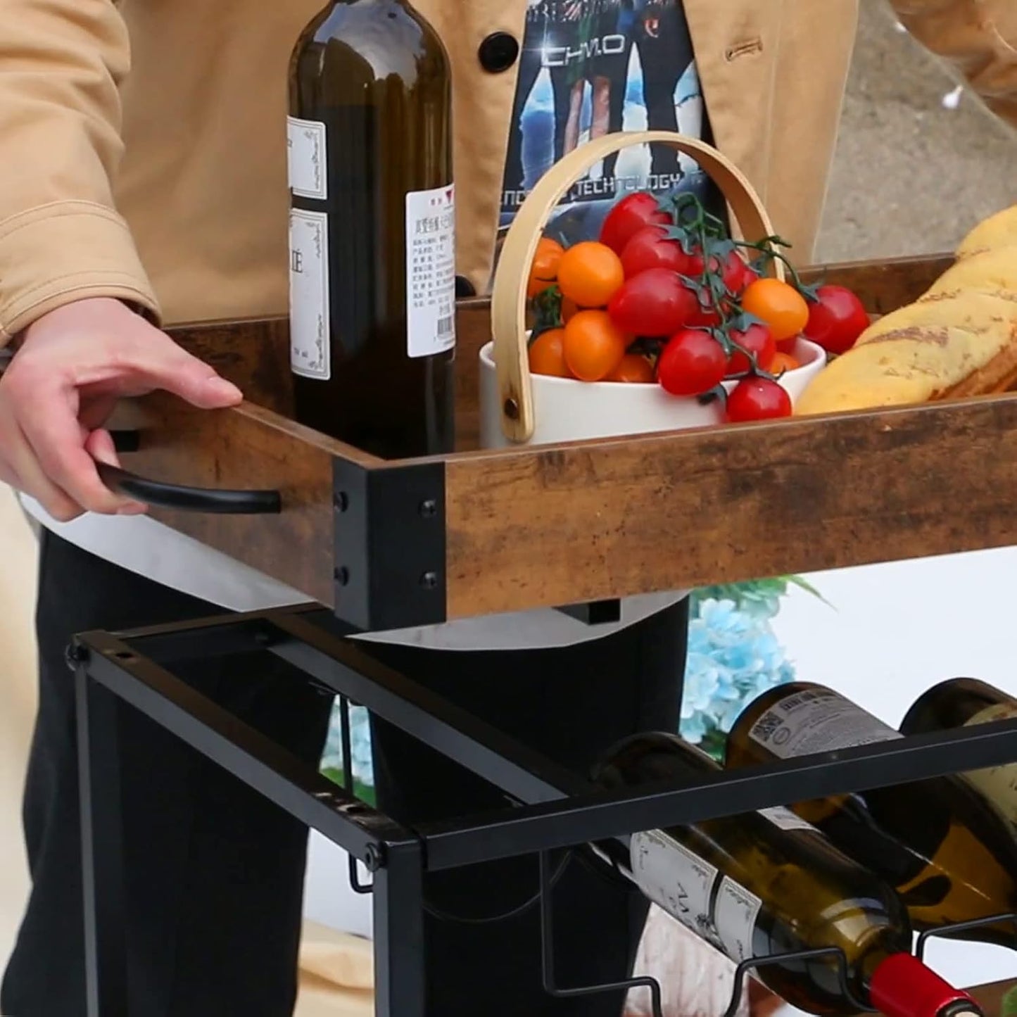 Bar Cart Serving Wine 3 Tier Home Rolling Rack with Wheels Mobile Kitchen Industrial Vintage Style Wood Metal Serving Trolley Serving Cart,Glass Holder Bar Cabinet