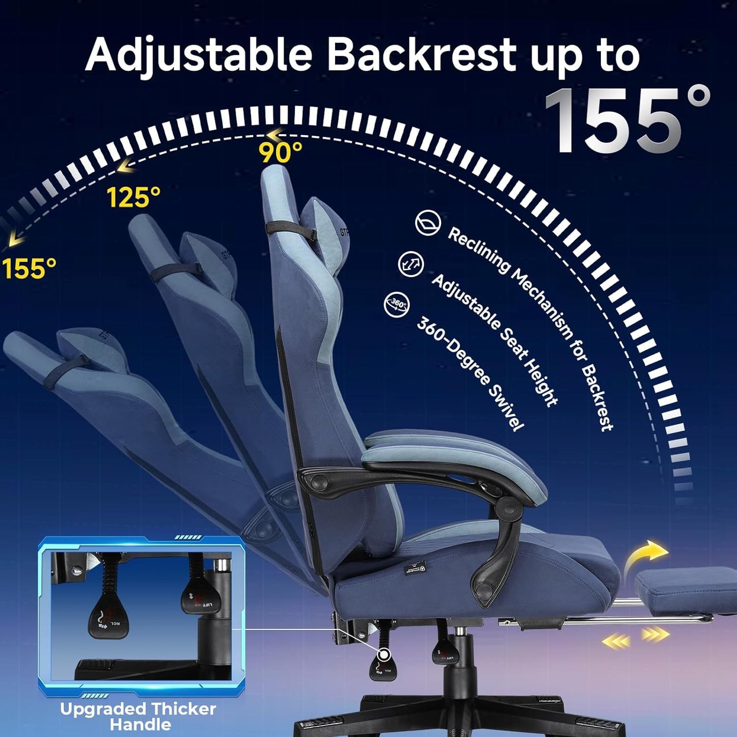GTPLAYER Gaming Chair, Video Game Chairs with Footrest and Lumbar Support, Computer Chair for Adults with Extended Backrest, Ergonomic Reclining Silla Gamer, Fabric, Dark Blue