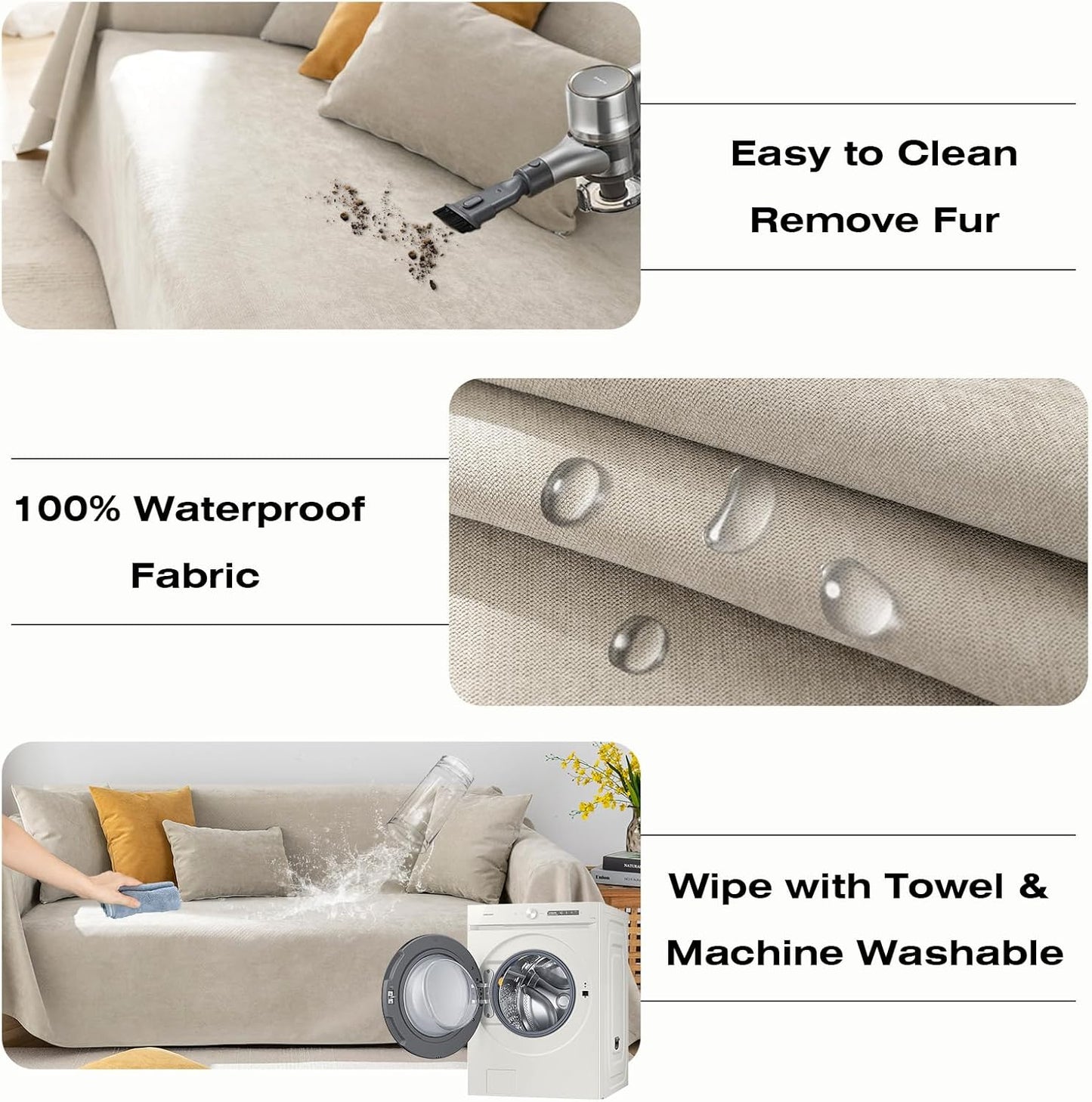 STACYPIK Waterproof Beige Sofa Cushion Covers Dog Couch Cover for 3-4 Cushion Couch Water Resistant Slipcover Furniture Protector Non-Slip Pet Protector Cover Leak Proof Couch Cover-71X134IN